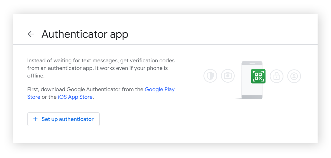 Google 帐户的身份验证器应用设置画面